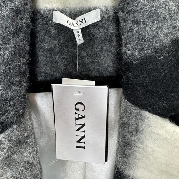 NWT Ganni McKinney Wool in Egret Black & Cream Check Belted Jacket 40 / 10 - Picture 9 of 16